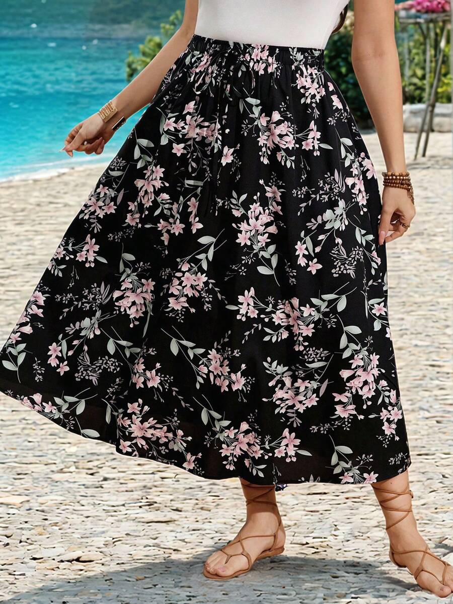 Breezaya Jupe ample en lin à taille haute et à motif floral épars pour femmes grandes tailles