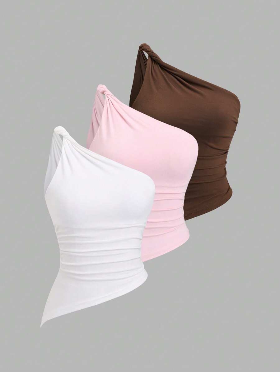 Sweetra Y2K Sexy Twist Asymmetric Shoulder Asymmetrical Pleated Ruffle Blouse