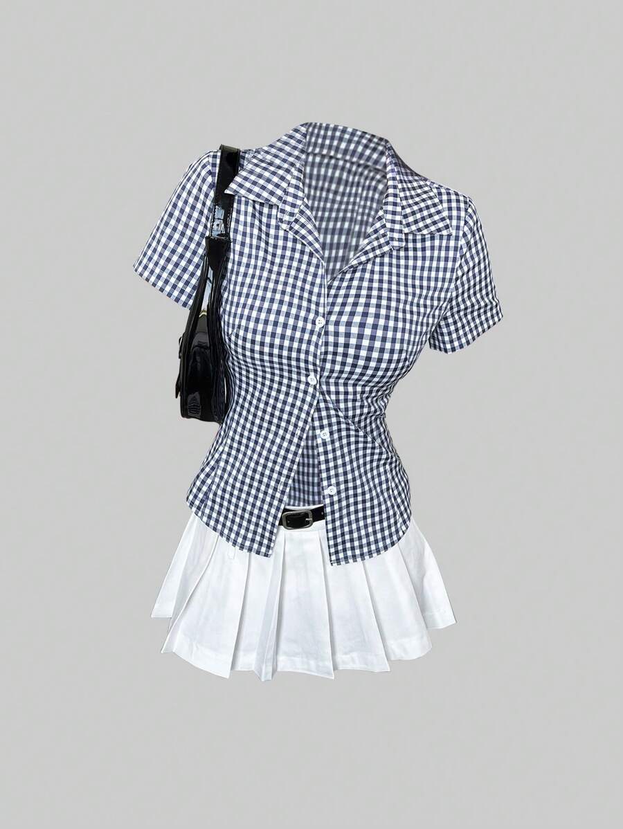 Sweetra Retro Hong Kong Style Mini Plaid Waisted Slim All-Match Versatile Polo Collar Women Short Sleeve Shirt, Spring/Summer
