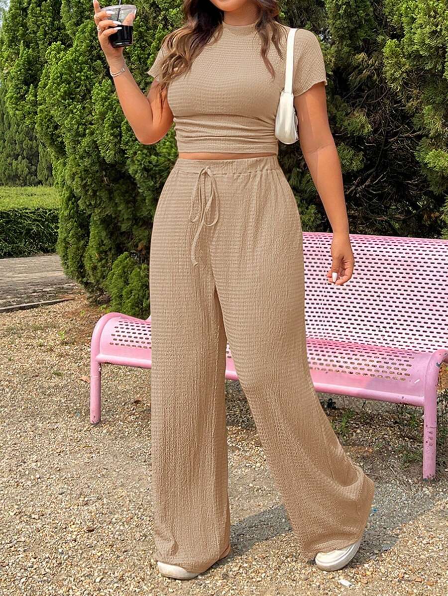 SHEIN EZwear Plus Size Gestructureerde Gebreide Top en Trekkoordbroek 2-delige Set, Casual