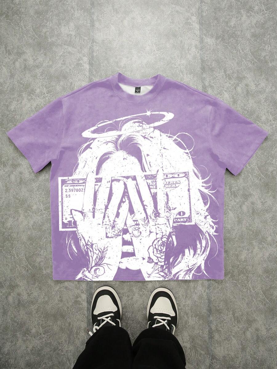 Manfinity EMRG Camiseta casual de manga corta y cuello redondo con estampado de figura para hombre