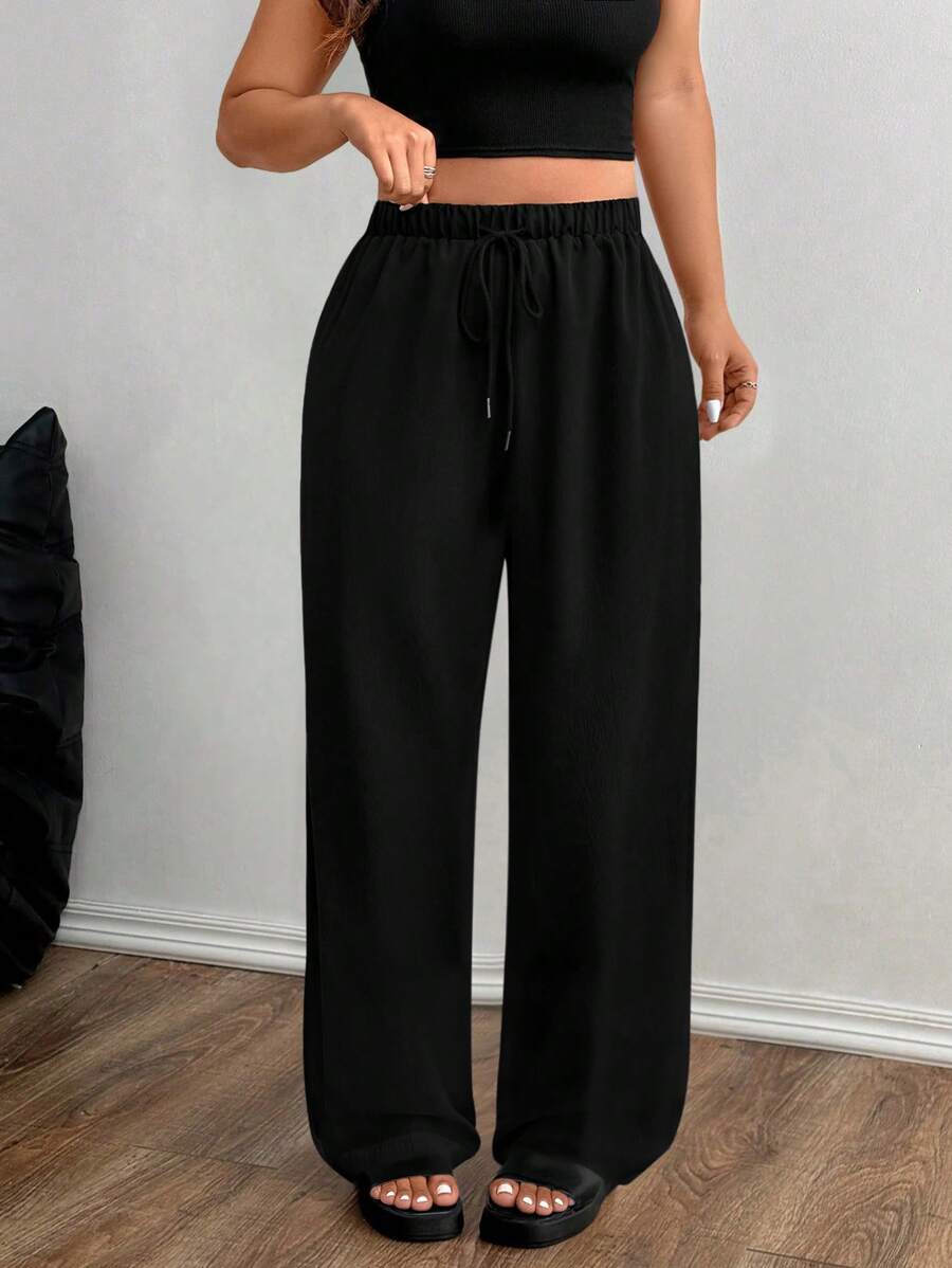 SHEIN LUNE Pantalones largos informales minimalistas de diseño arrugado para mujer de talla grande