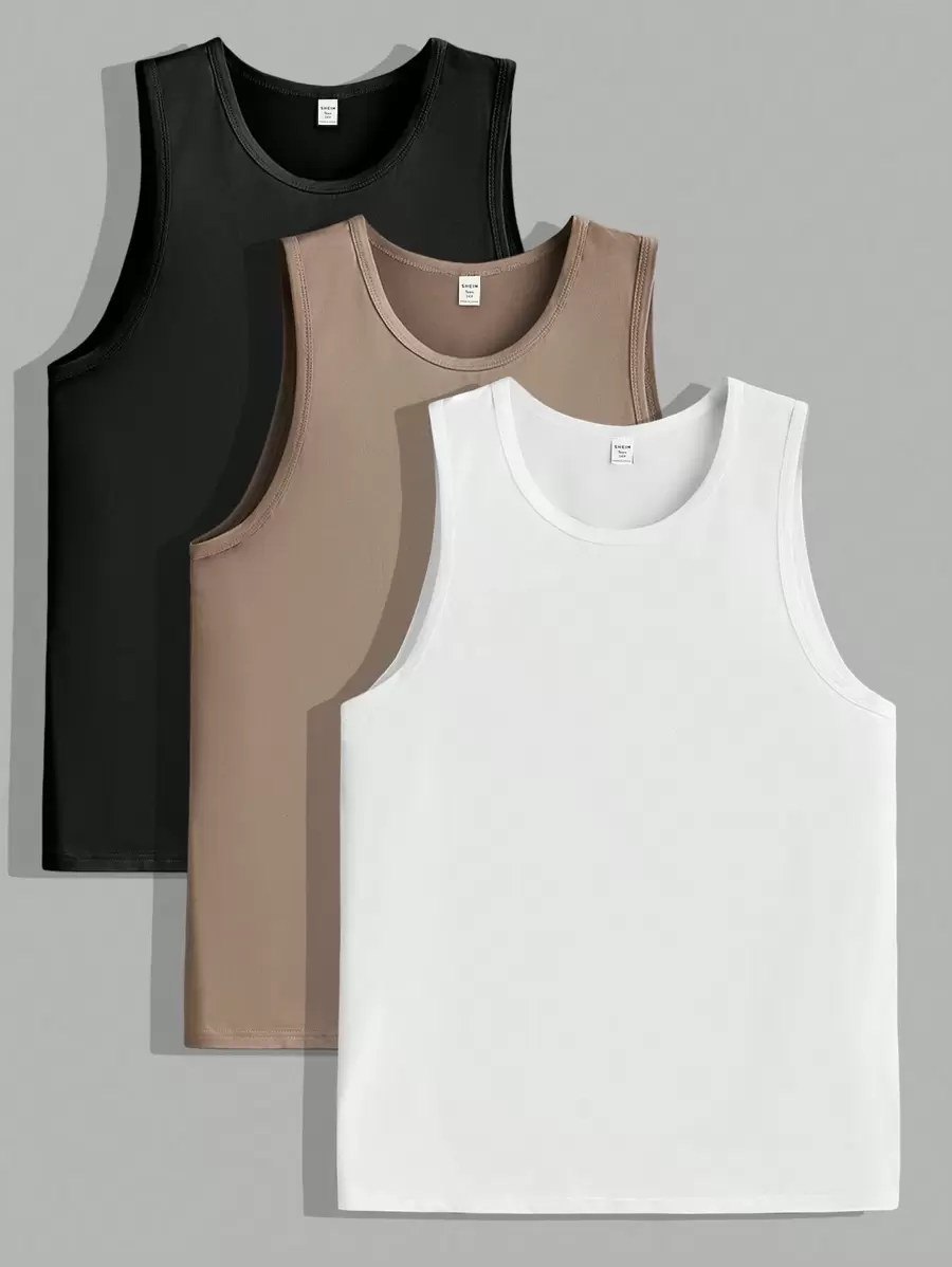 SHEIN 3 stuks/set casual tanktops voor tienerjongens, zwart, koffie, wit, koop er 2 en krijg er 1 gratis, veelzijdig voor dagelijks gebruik, sport, homewear, lente en zomer