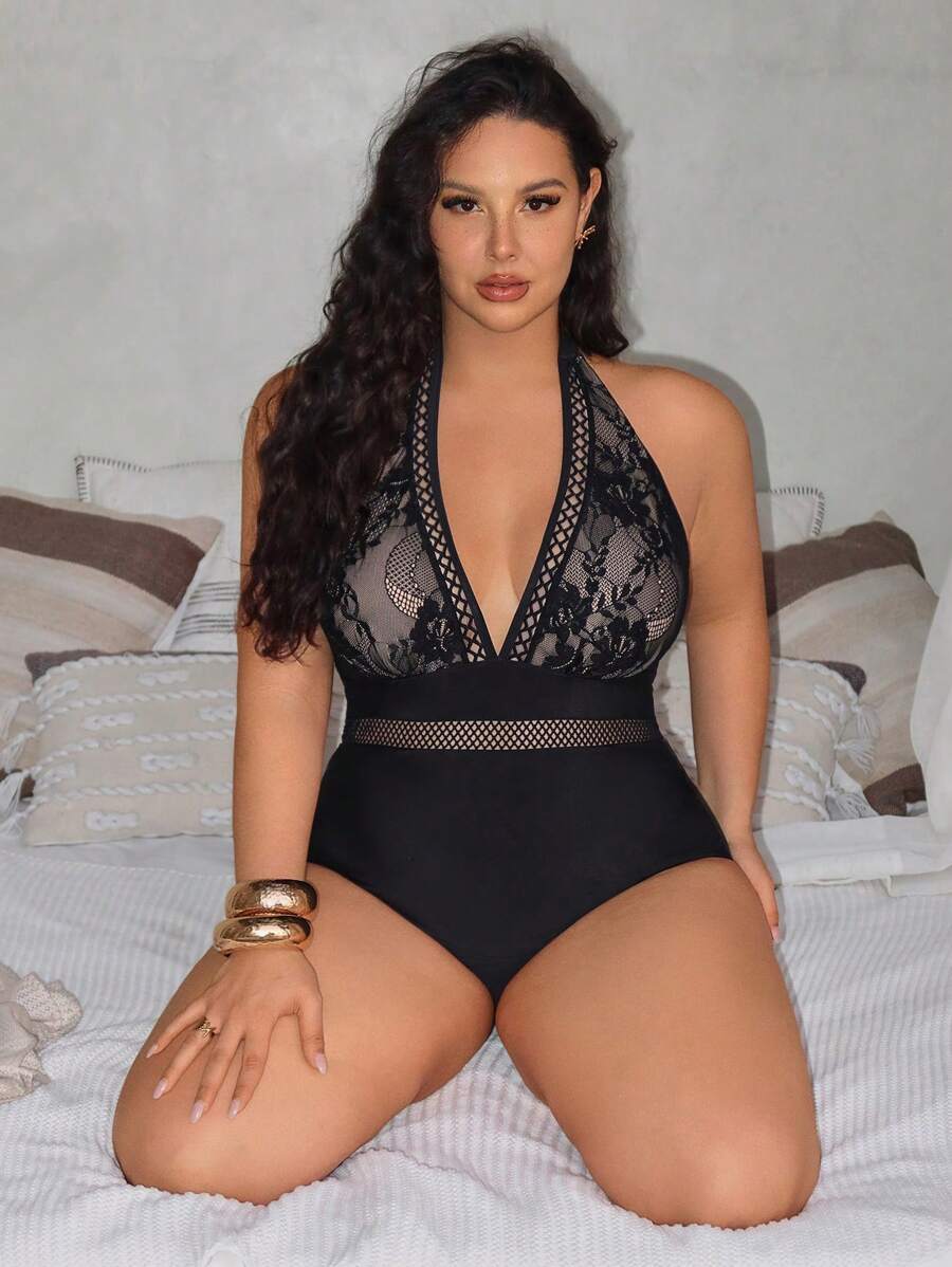 Swim Lushoire Costume da bagno intero taglie forti, in tinta unita con contrasto in pizzo traforato, stile minimalista, adatto per uso quotidiano, vacanze al mare, estate per le donne