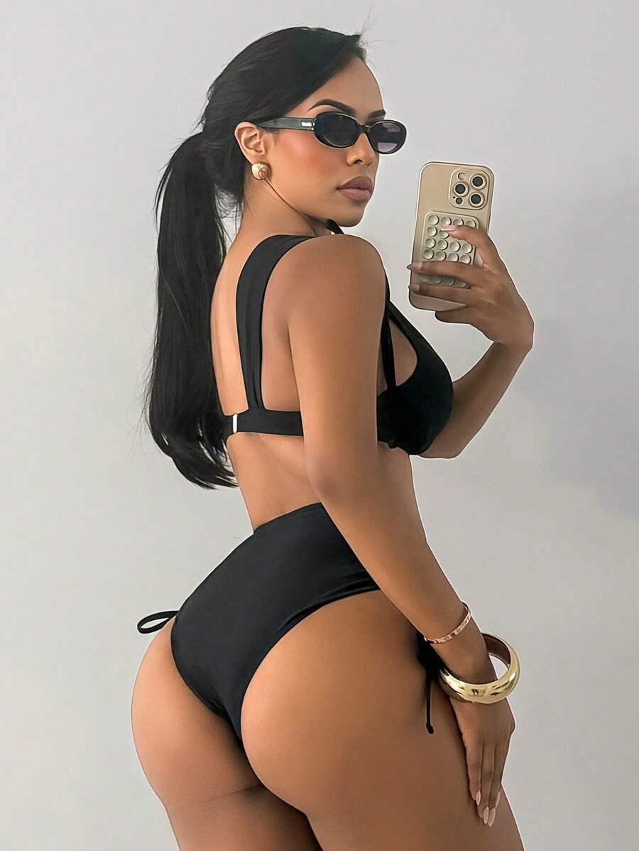 Swim SXY 2pcs Women Knitted Solid Color Black Thick Strap Push Up Bikini Top And High Waisted Drawstring Swimwear Bottom