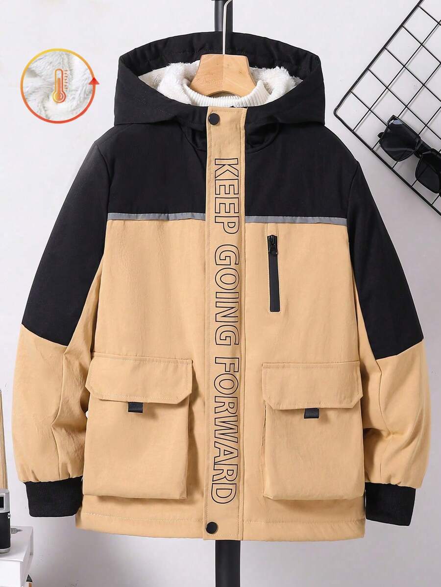 Chaqueta deportiva con capucha y estampado de letras en parches para niño preadolescente, uso casual diario