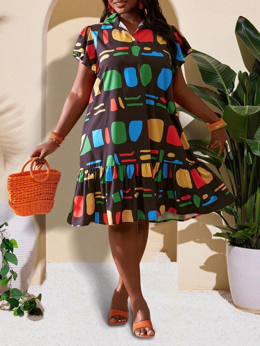 Slaydiva Plus Size Women's Elegant Polo Collar Casual Office Commuter Dress