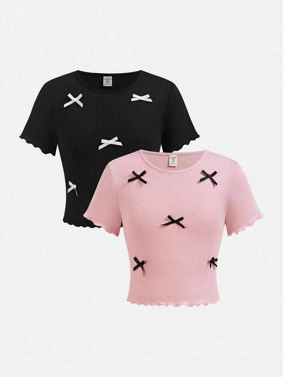 SHEIN Girlism 2pcs Tween Girls Casual Solid Color Knit Crew Neck Contrast Bow Decor Short Sleeve Cute Top Set