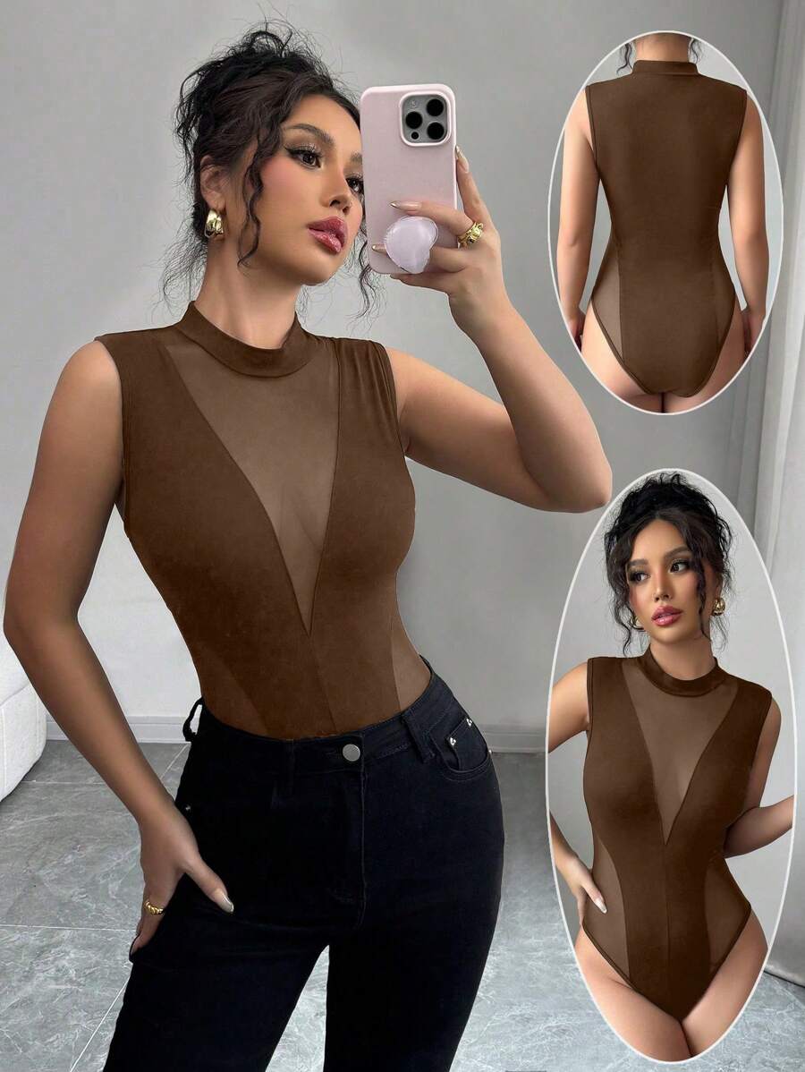 Chiquease New European & American Fashion Round Neck Stylish Mesh Patchwork Sleeveless Bodysuit For Women, Random Floral Print
