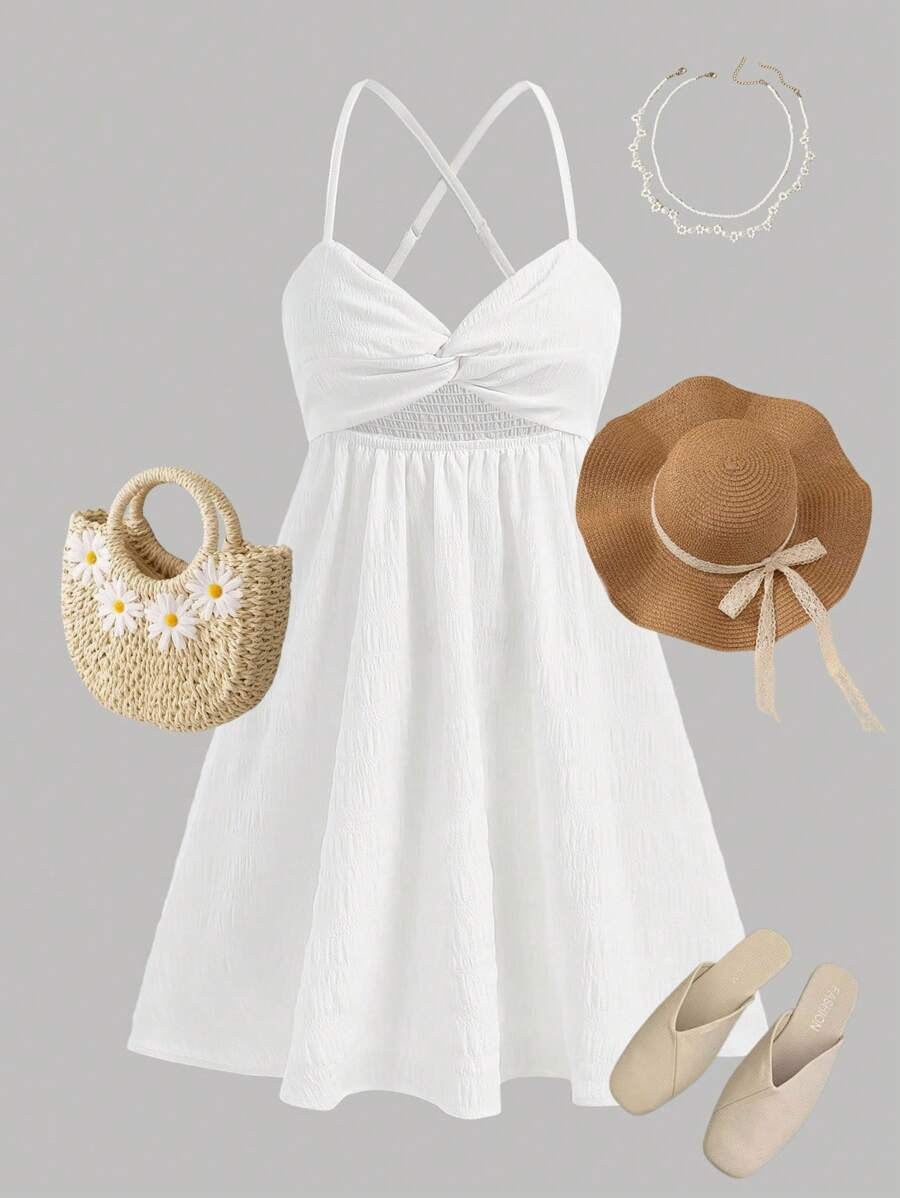 Girlism Vestido con burbujas con tirantes de espagueti, corte calado y textura de gasa esmocada blanca para adolescentes, atuendo casual y de vacaciones, conjunto de playa para primavera/verano