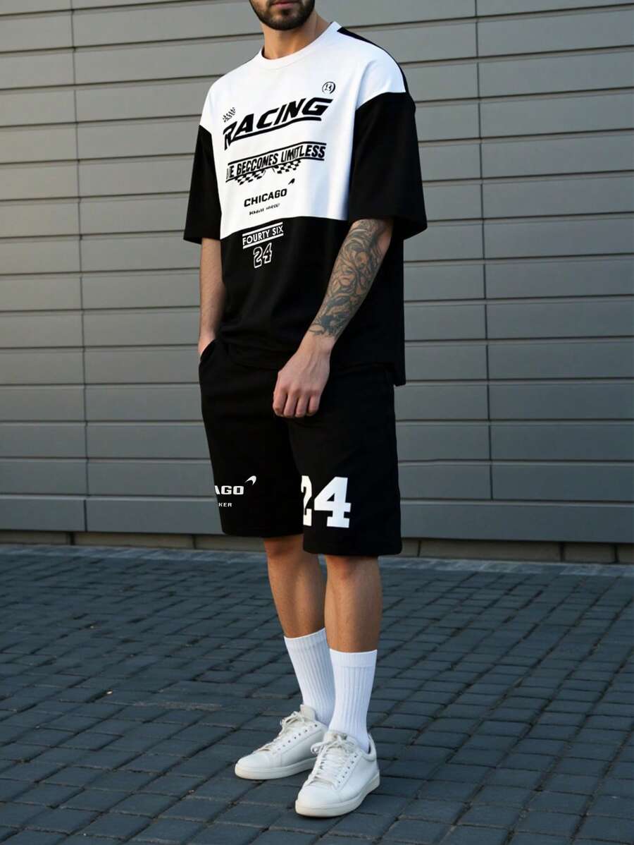 Manfinity EMRG 2pcs Men's Contrast Color Letter Print T-Shirt And Shorts Set