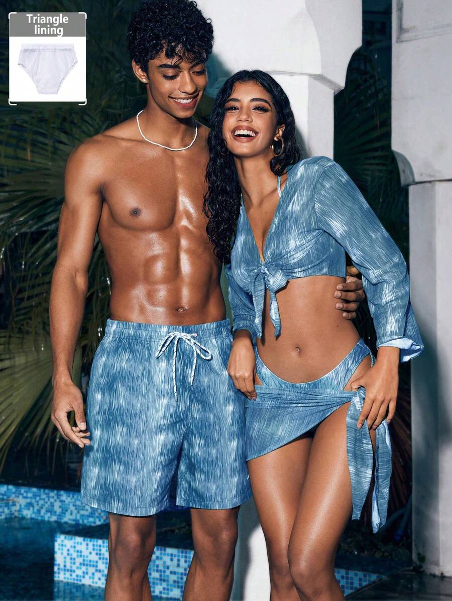 Manfinity VDAYZ Pantaloni scurți de plajă cu imprimeu Tie-Dye pentru bărbați, vacanță ocazională