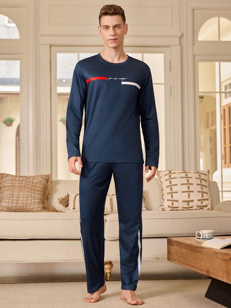 Manfinity Underwear&Sleepwear Basics Men's Long Sleeve Round Neck T-Shirt And Long Pants Pajama Set