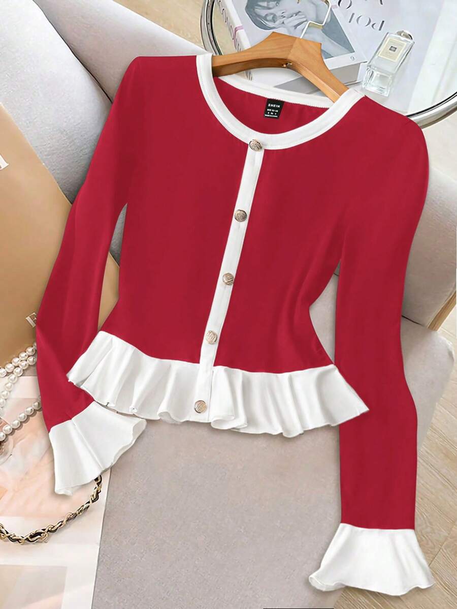 Calvaya Maglietta casual chic da donna per autunno/inverno, stile corto con colletto finto a bottoni, maniche lunghe, scollo tondo, design patchwork a blocchi di colore su polsi, orlo e maniche a balze, realizzata in tessuto lavorato a maglia nero e albicocca, elegante t-shirt grafica per donna per la primavera