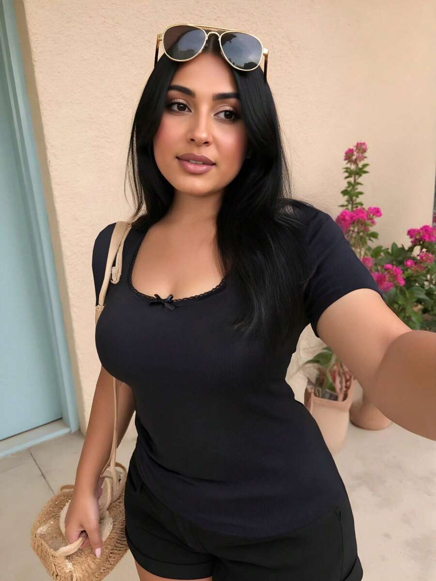 SHEIN Essnce Camiseta de manga corta con cuello de encaje y lazo pequeño, estilo diario versátil, cómodo y básico, para mujeres de talla grande, en color negro, para primavera y verano - Conjuntos de verano para mujer, blusas lindas para curvas