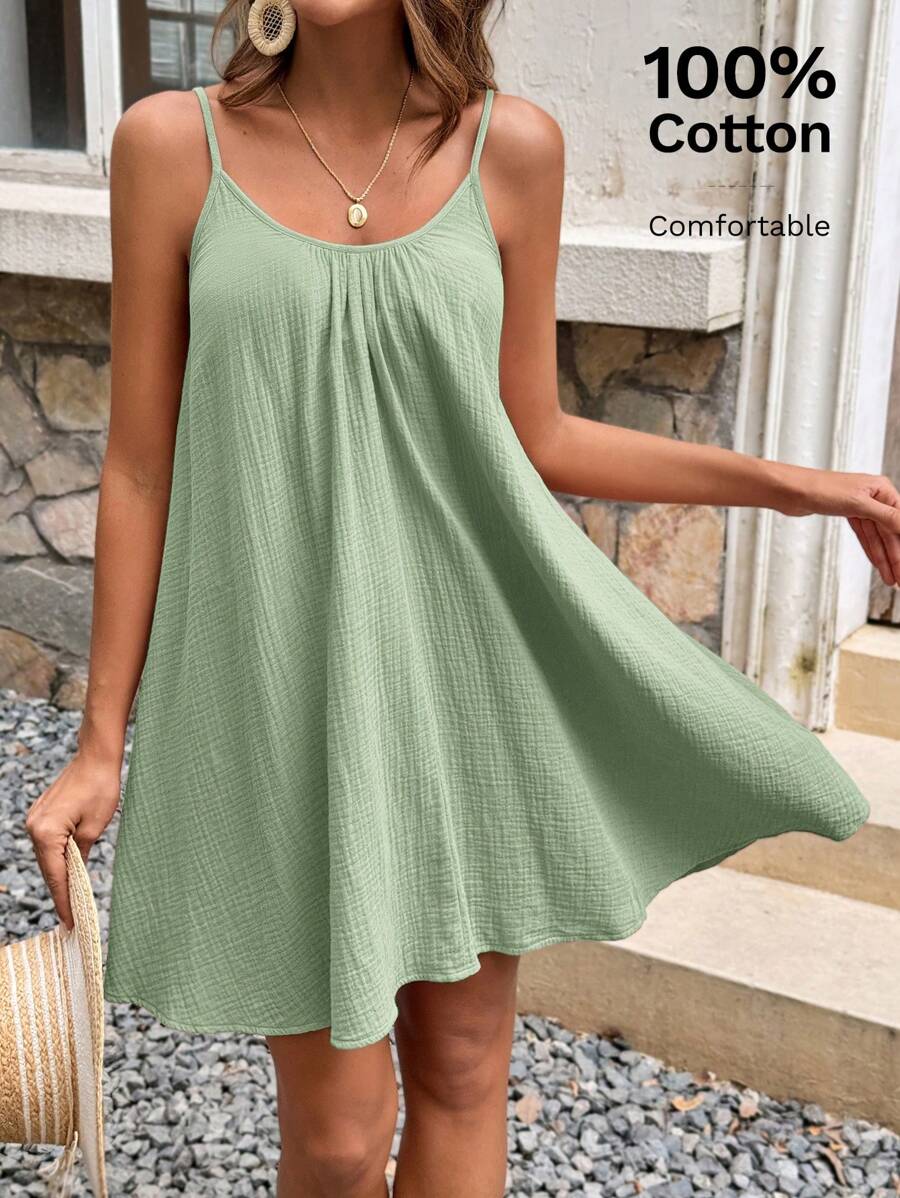 SHEIN Frenchy Women's Casual Solid Color Textured Spaghetti Strap Summer Holiday Style Dress, Tea Party Dress,Bohemia