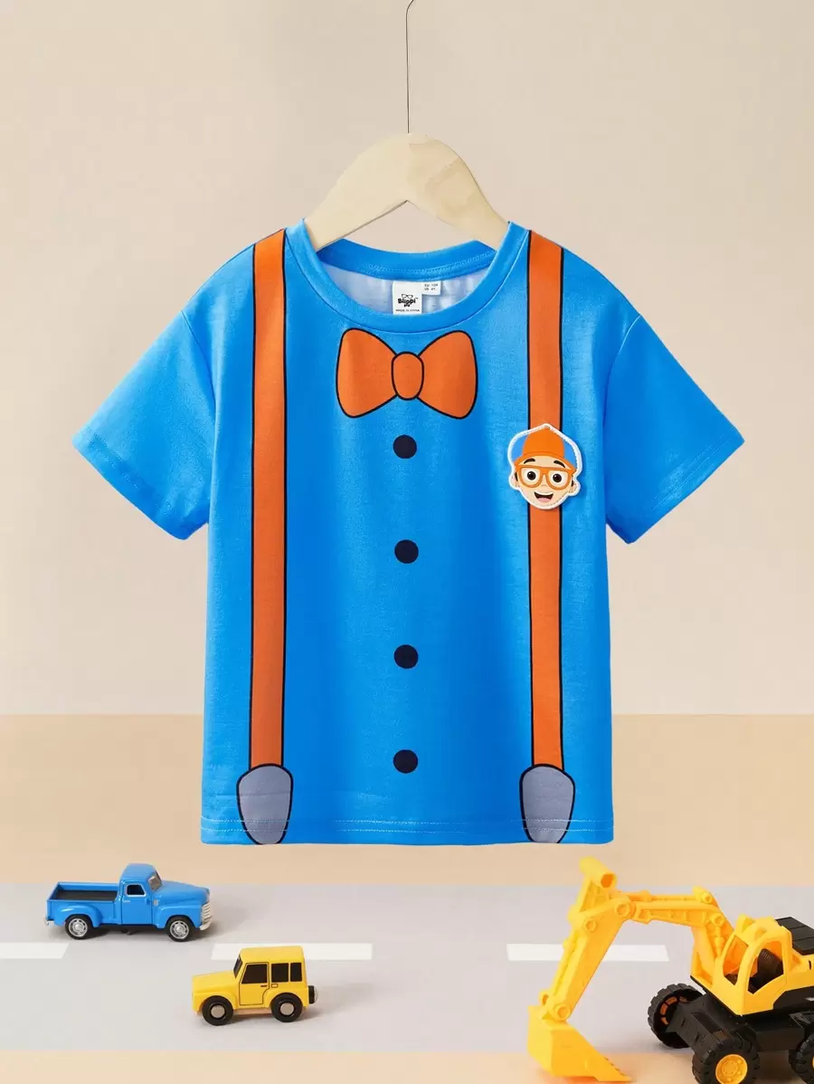 Blippi X SHEIN Maglietta larga da ragazzo con stampa grafica, papillon staccabile, bretelle e spille a tema cartoni animati