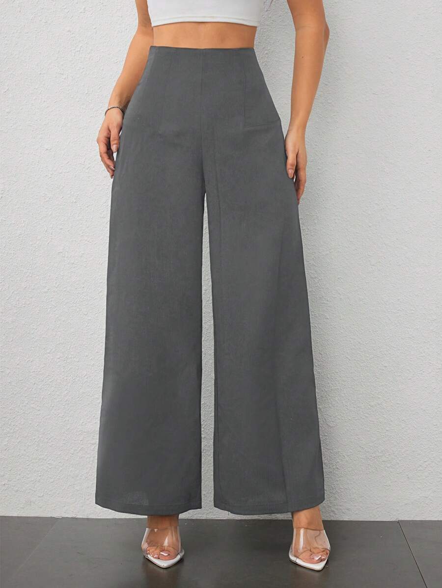 SHEIN PETITE Pantaloni a vita alta texture ampi casual di moda semplici da donna, adatti per la stagione back-to-school e per l'ufficio