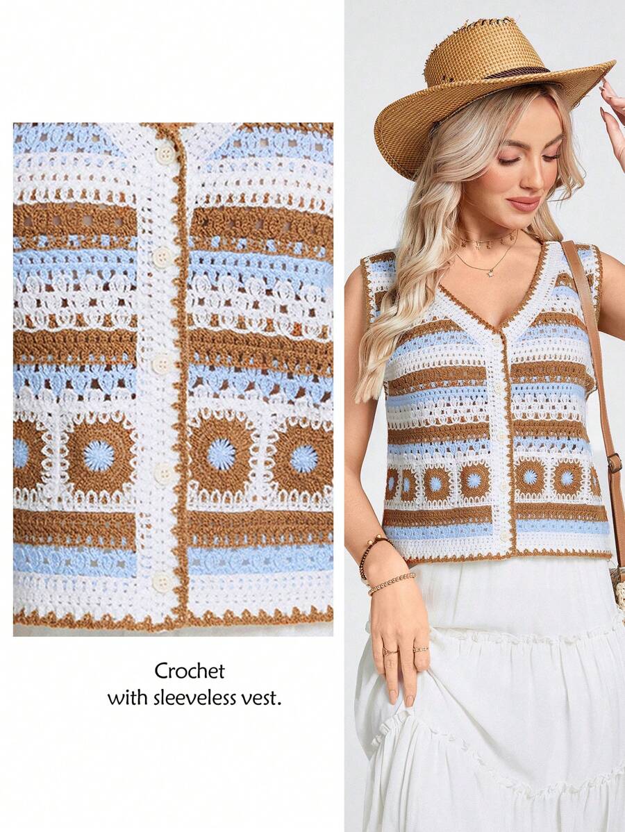 Wildy Atuendo de estilo boho, festival y western para primavera y vacaciones de mujeres, suéter casual de punto de ganchillo colorido