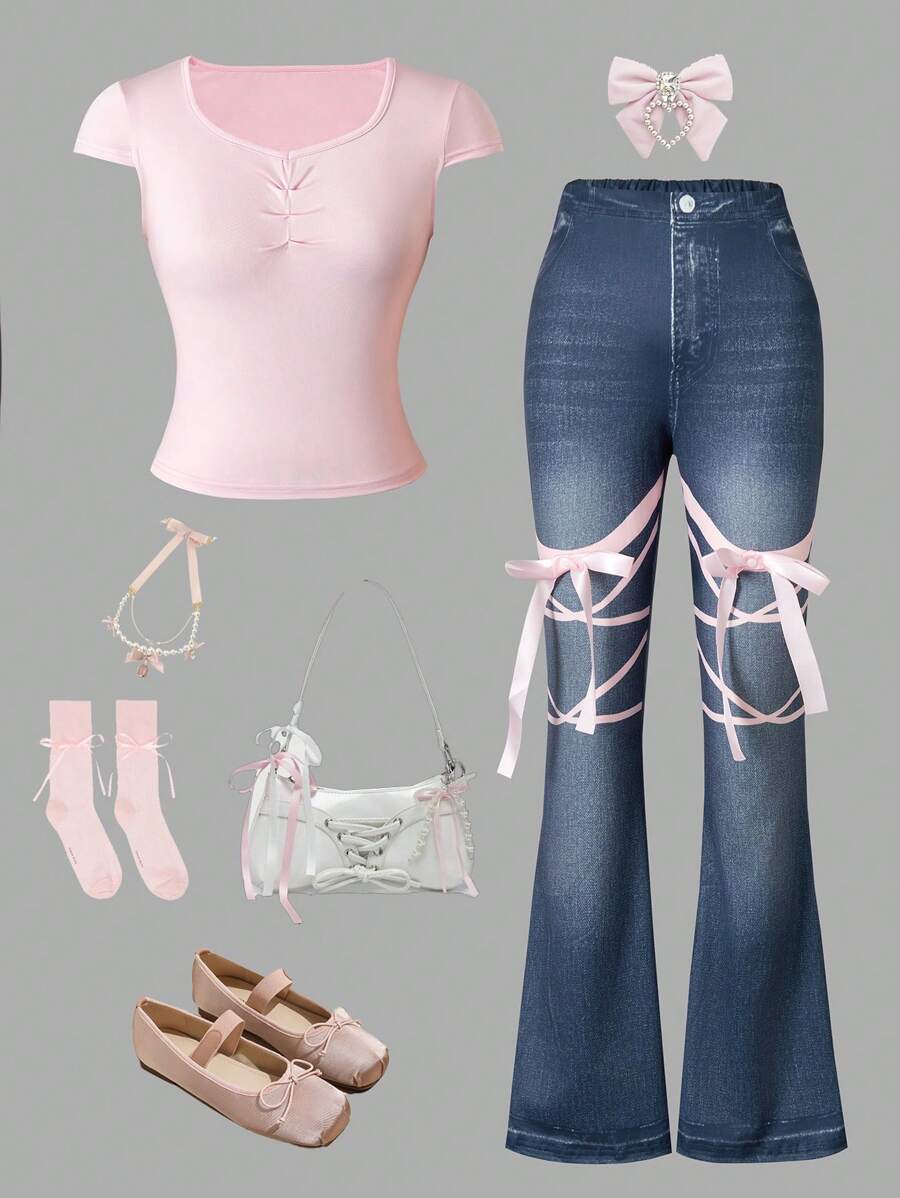 Lunivi 2er-Set für Teenager-Mädchen, lässig elegante Outfits, bestehend aus rosa kurzärmeliger Crop Top und Hose mit Blume Muster und 3D-Schleifendesign, für Frühling/Sommer/Herbst