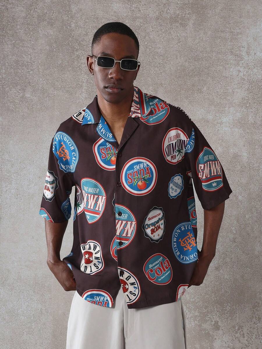 SUMWON Retro Soda Pop Button-Up Resort Shirt All Over Print Short Sleeve Summer Beach Vacation Party Casual Streetwear Relaxed Fit