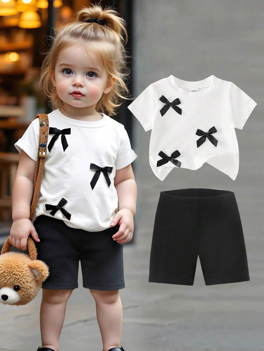 Toddler Girl Car Print Bow Round Neck Knitted White Short Sleeve T-Shirt And Black Woven Shorts, Casual Korean Summer Outfit