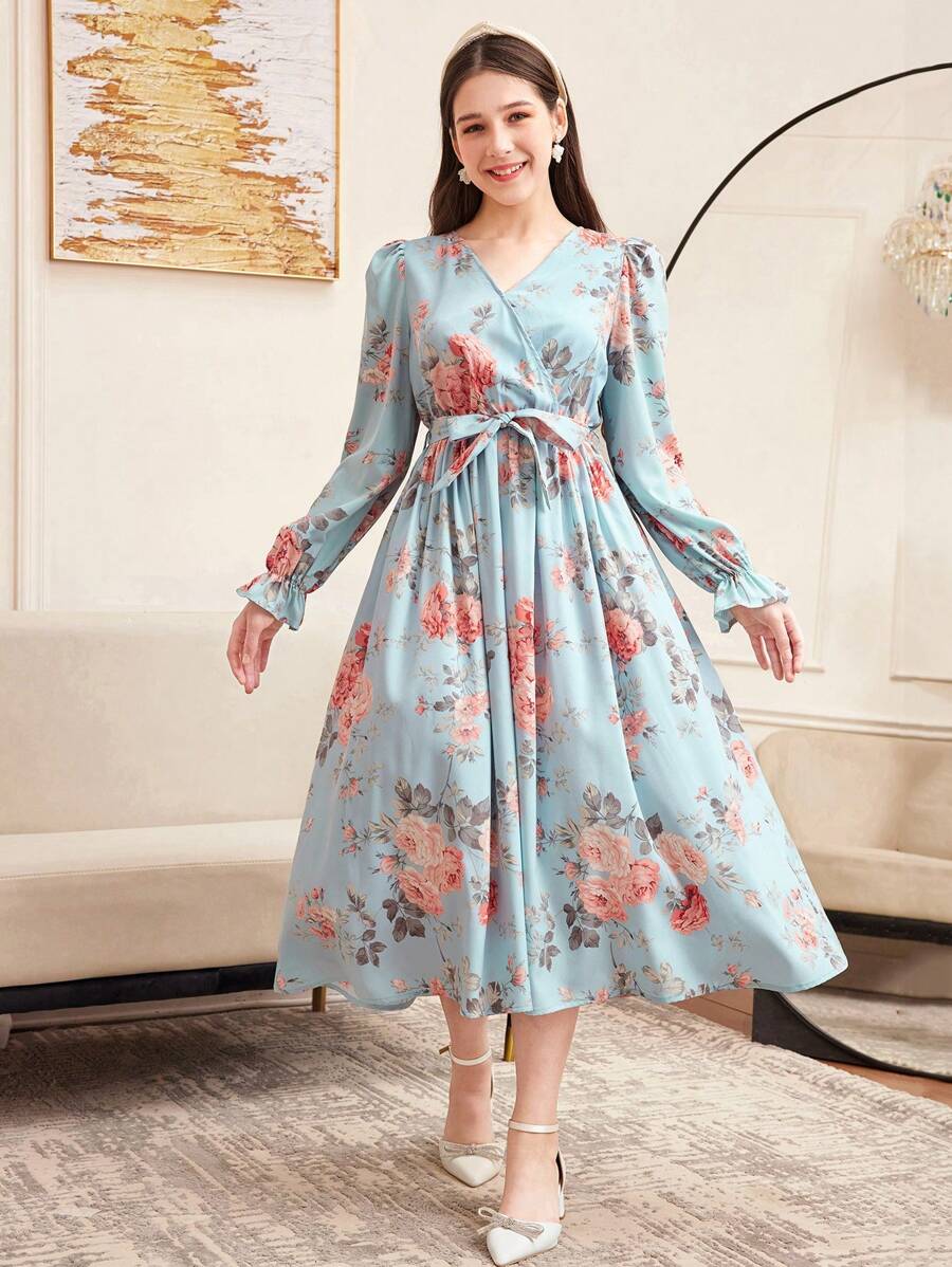SHEIN Vestido com Decote em V, Manga Babado e Estampa Floral Miúda para Adolescentes