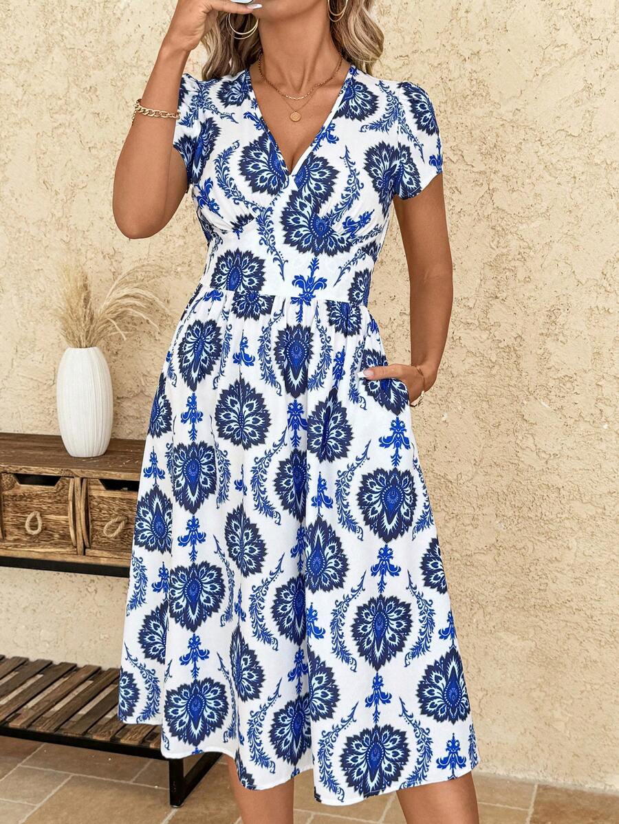 SHEIN Clasi Women Blue & White Floral Mid-Length Dress With Pockets, Elegant Resort Wear, Spring/Summer