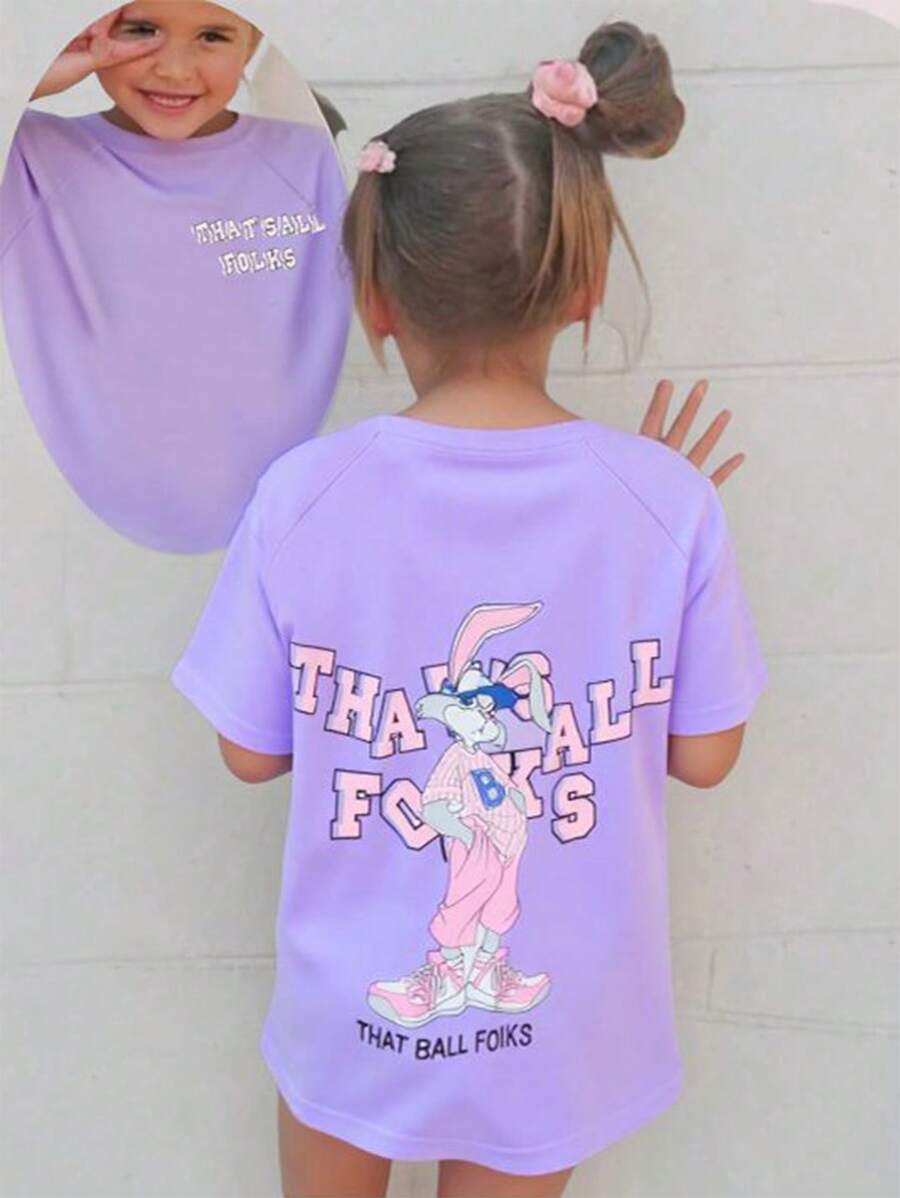 SHEIN Tween Girl Spring/Summer T-Shirt, Short Sleeve Loose Tee, Lavender Color, Cute Style, Casual & Comfortable, Minimalist Design, Funny Digital Printing "That's All Folks" On Front, Rabbit Graphic With Pockets And Expression On Back, Matching Family/Sister Wear