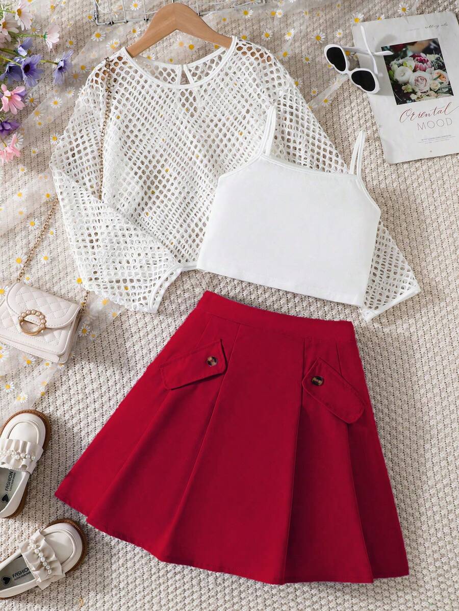 SHEIN 3pcs/Set Tween Girl Fishnet Crop Top And Camisole And Pleated Skirt Outfit