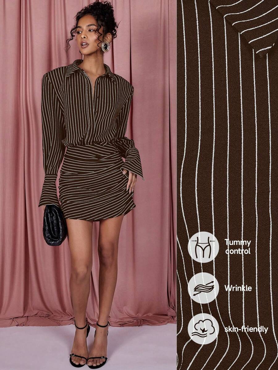 SHEIN X ELOISA & ORSON COSMINA Vestido camisa casual de manga larga con botones, pliegues y rayas para mujer