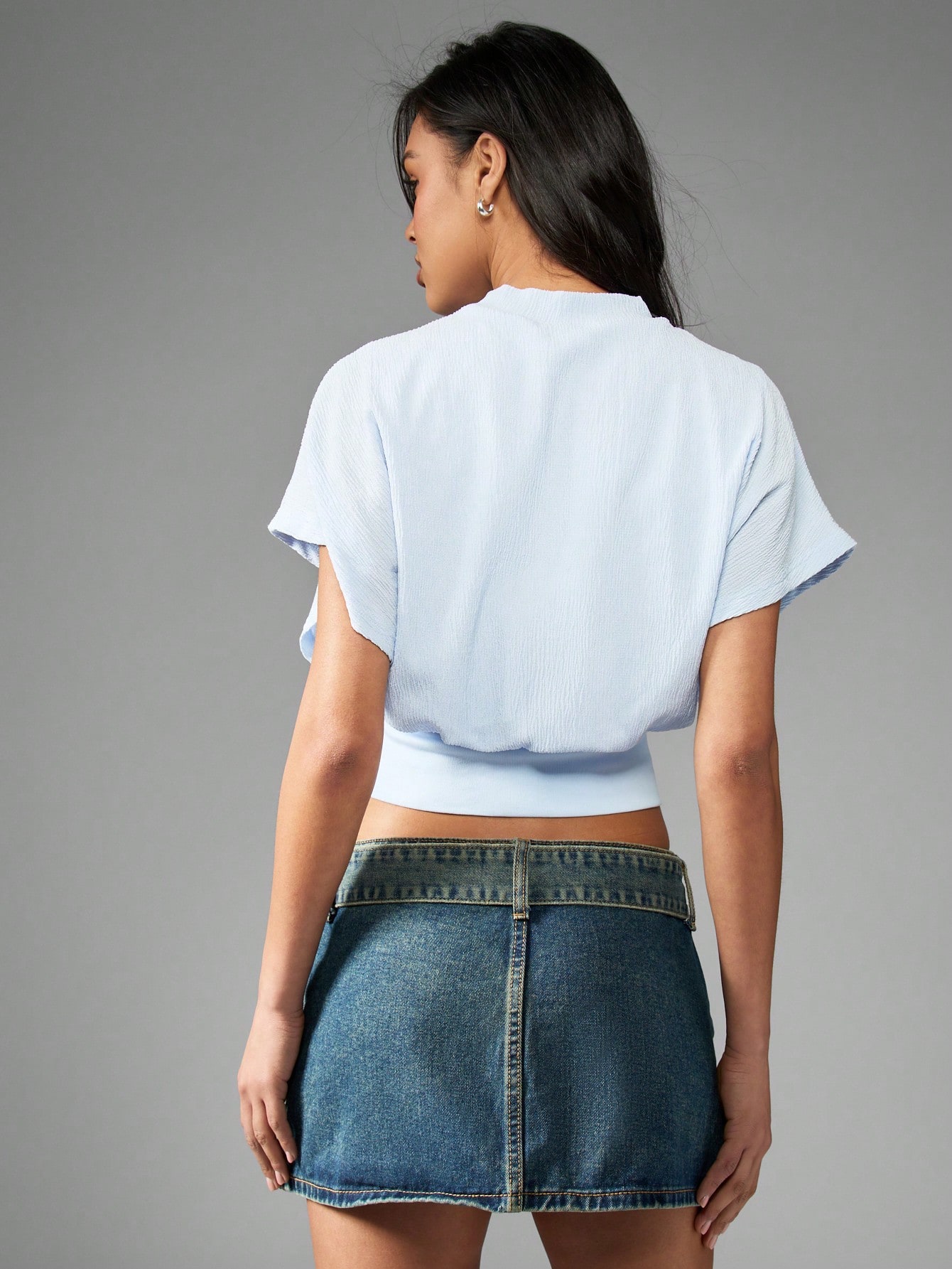 Textured Cinched Waist Crop Top Dolman Sleeve Modern Summer