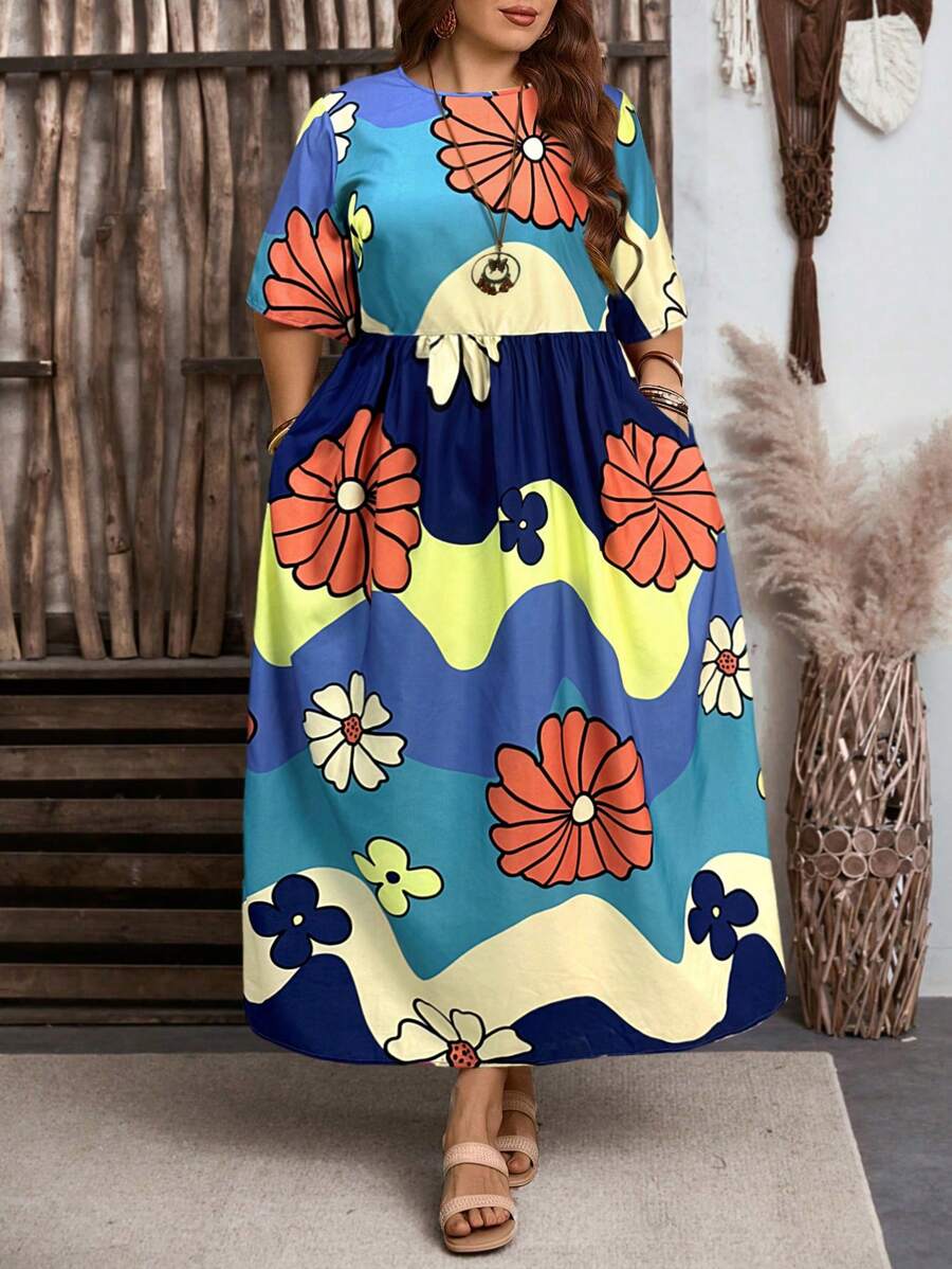 EMERY ROSE Plus Size Round Neck Short Sleeve Floral Print Simple Long Dress,Spring Outfits For Women,St Patrick Day Outfit,Summer Outfits For Women,Vacation Outfits Woman,Concert Outfit Women,Easter Outfit Women,Easter Outfit Women,Country Concert Outfit, Western Wear Women,Boho Chic,Boho Women Clothing,Summer Outfits For Women