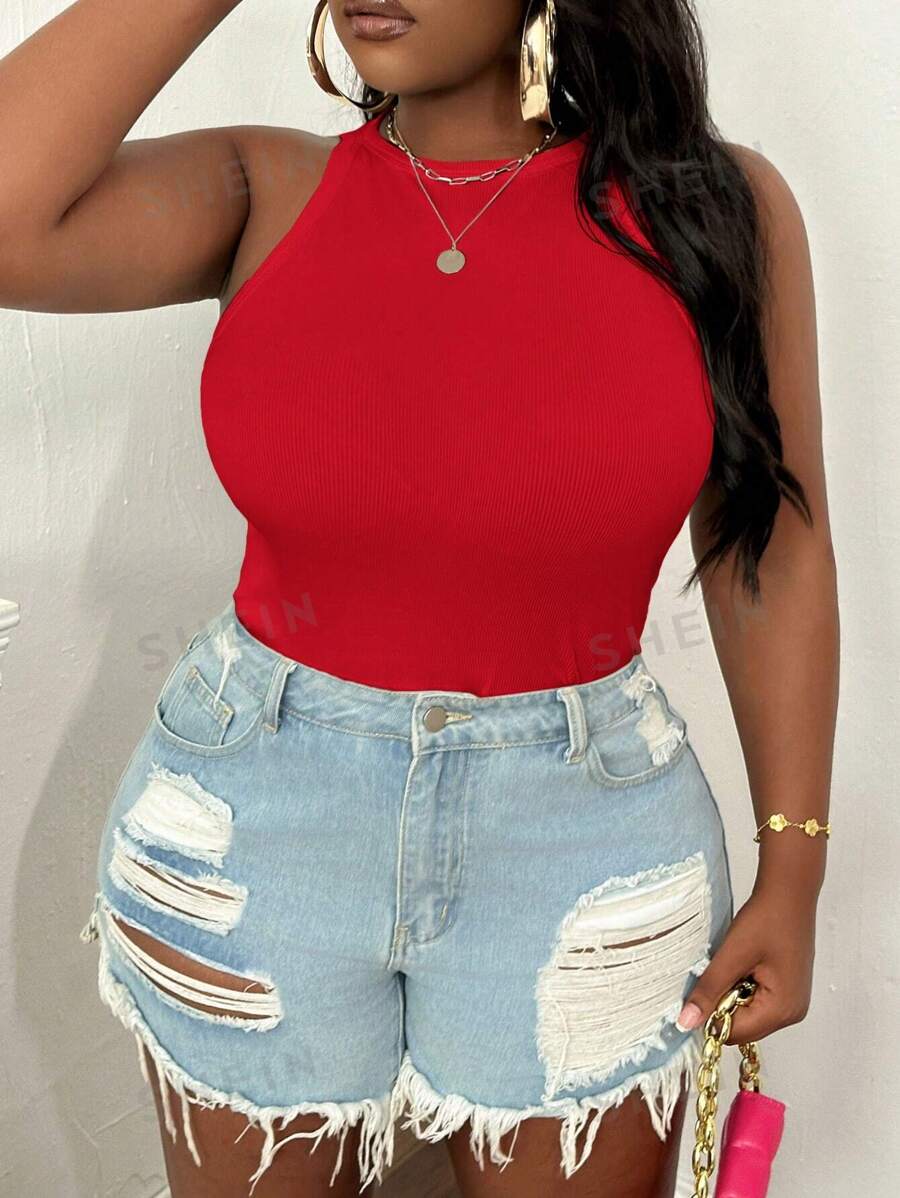 Slaydiva Blusa sin mangas de corte ajustado de cuello redondo para tallas grandes
