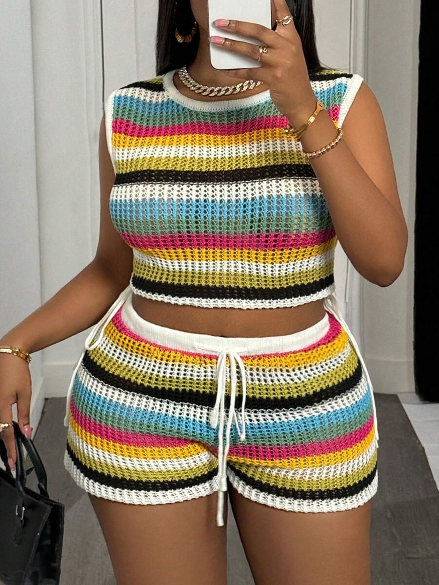 Slaydiva 2025 Spring/Summer New Arrival Vacation Beach Casual Colorful Striped Hollow Out Knit Halter Tank Top + Tied Shorts 2Pcs Women Knit Set - B