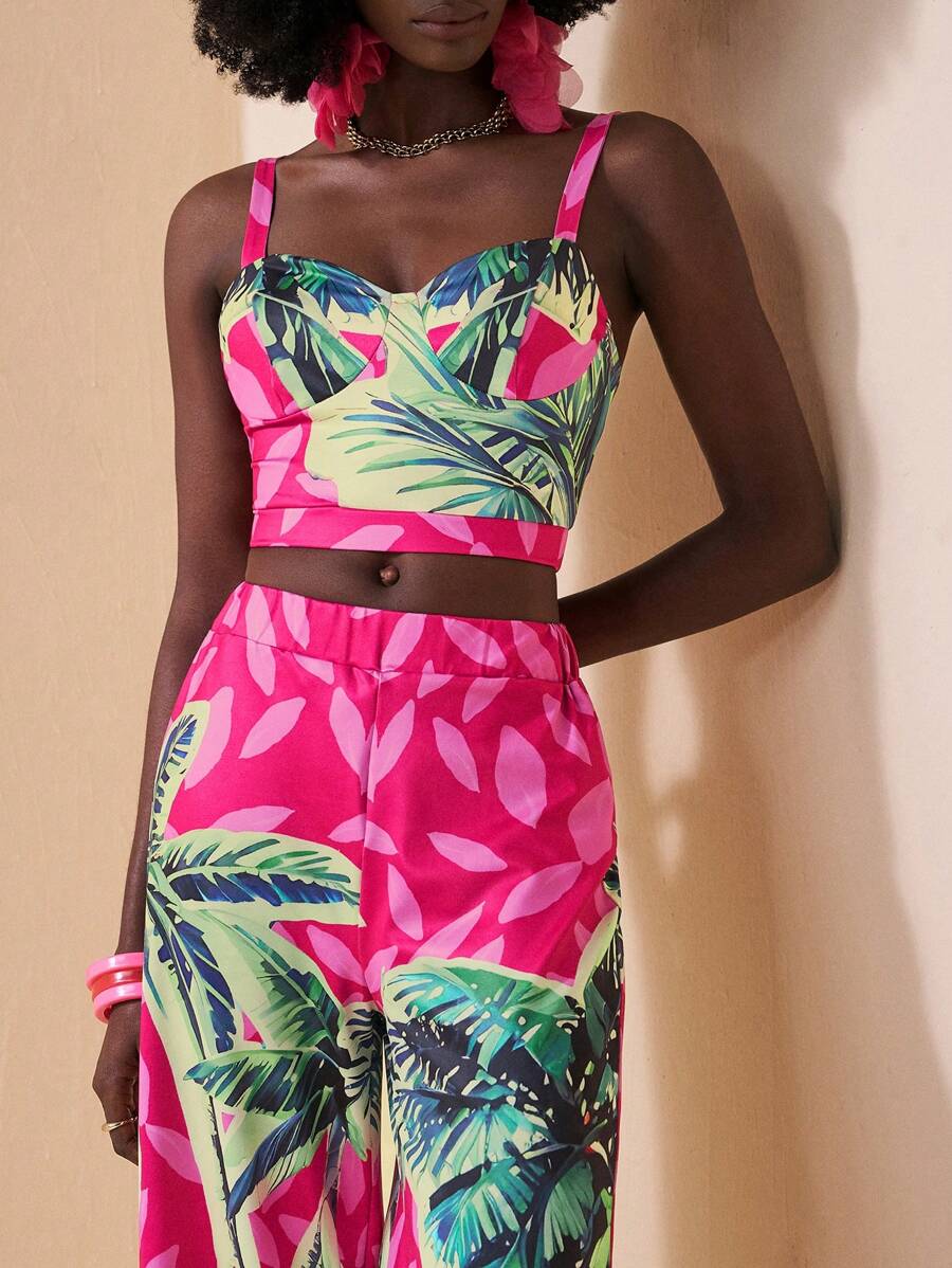 Zivah 2025 Summer New Music Festival, Easter, St. Patrick's Day, Western, Nomadic Style, Suitable For Wedding, Birthday Party, Graduation, Student, Daily Wear, Casual, Vacation, Cruise Travel, Beach, Sunbathing, Fashion, Wide Strap, Bodycon, Wide Leg Pants, Tropical Plant, Coconut Tree Print, Colorblock Women's 2 Pieces Set