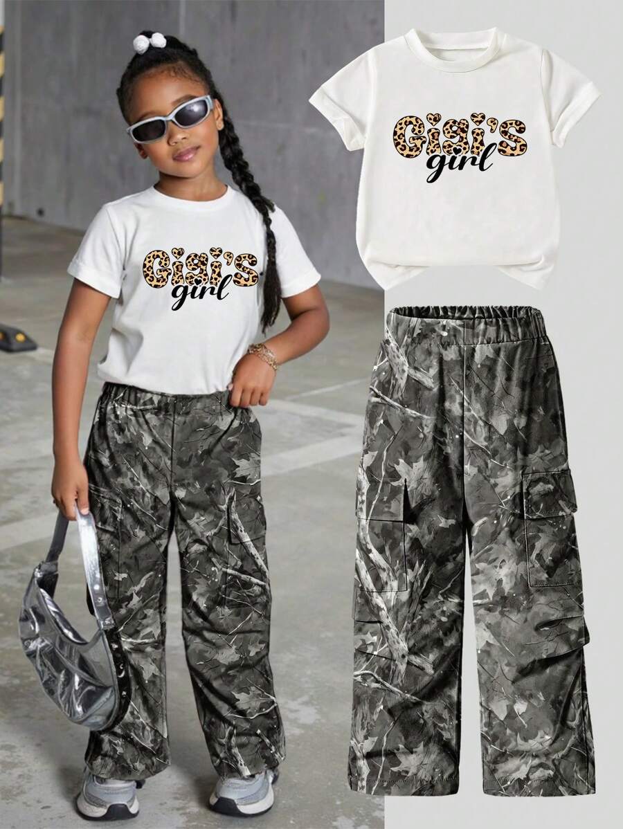 Young Girl - Leopard Print Letter Graphic Crew Neck Short Sleeve T-Shirt & Tree Branch Print Cargo Pants Set