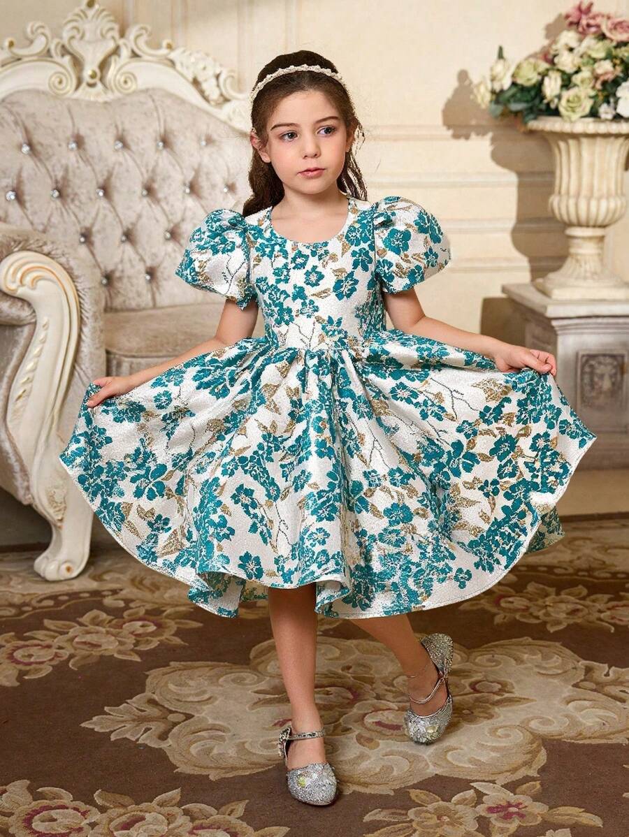 Young Girls Floral Jacquard Cap Sleeve Cute A-Line Dress For Holiday
