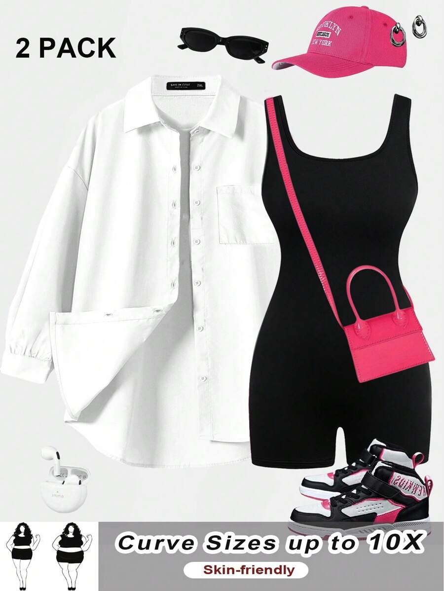 SHEIN CURVE+ 2pcs/Set Plus Size Women Casual Loose Pink Long Sleeve Button-Up Shirt And Black Jumpsuit, Suitable For Valentine's Day, Airport Outfit, Clothing Set, Back To School, Y2K