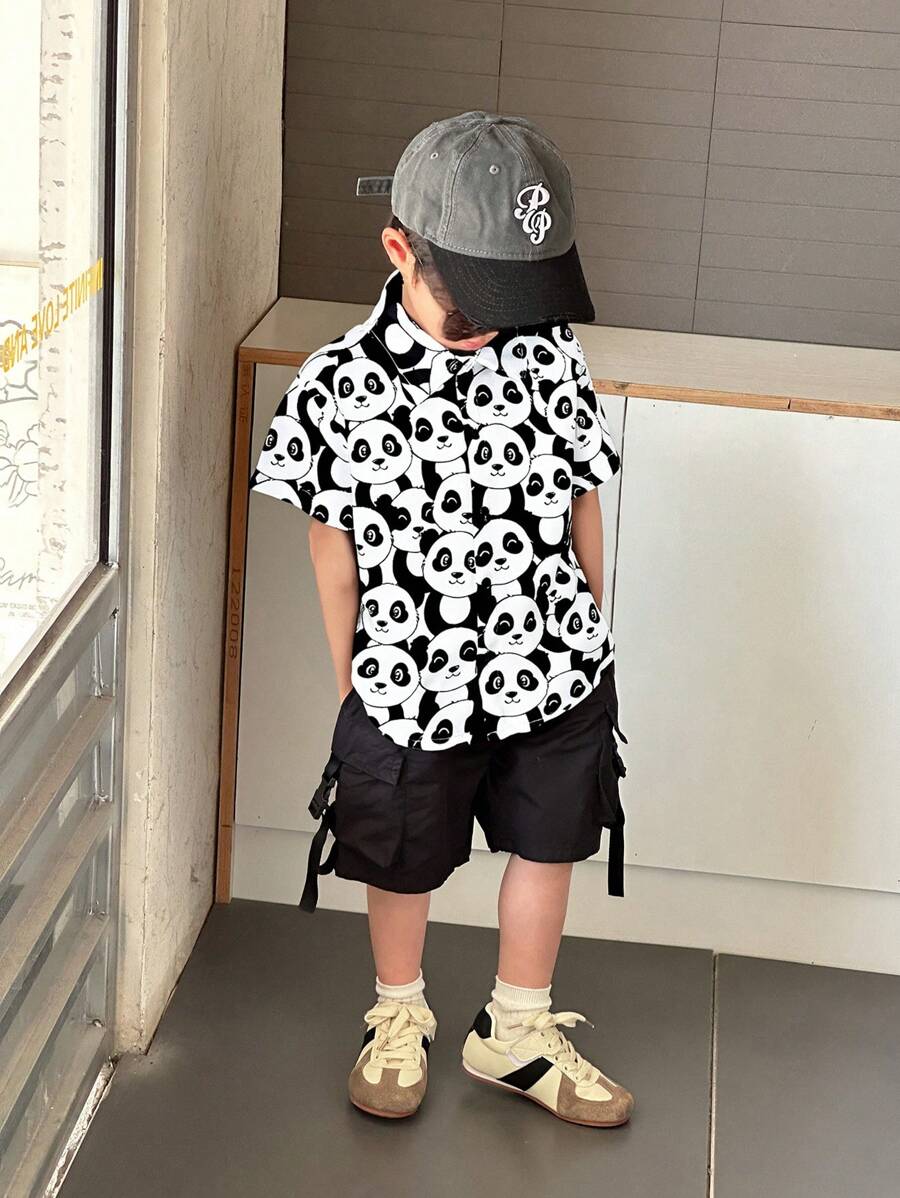 1 pieza Camisa informal de estilo deportivo y urbano para niños pequeños con gráfico de panda, hombros caídos, adecuado para uso diario, escuela, salidas, ejercicio, primavera/verano