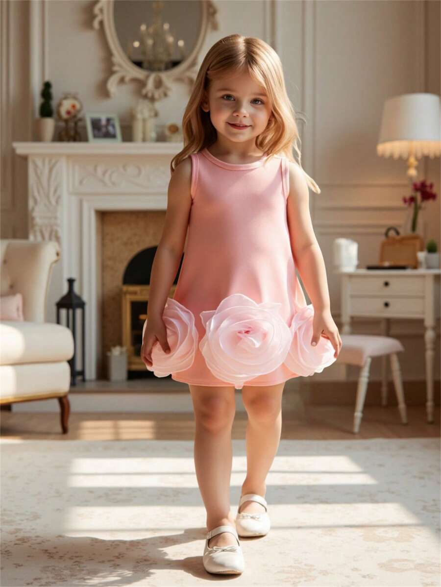 Vestito rosa elegante e dolce da ragazza con canotta, stile da strada, con rete sul davanti e decorazioni con fiori 3D, per l'estate