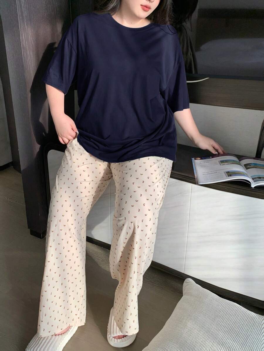 Dazy Plus Conjunto de Camisa de Pijama de Gola Redonda de Cor Sólida e Calça de Pijama Estampada, Terno de Sleepwear Para Todas as Estações