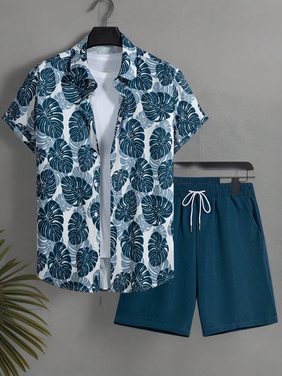 Manfinity KASUA Conjunto de 2 piezas con camisa de manga corta con estampado tropical y pantalones cortos con lazo para vacaciones en la playa - Conjunto vacacional para hombres, ropa de playa hawaiana
