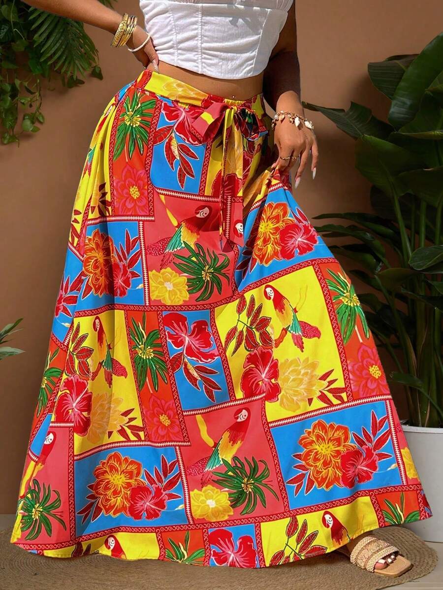 Sunnyshic Plus Size Holiday Plants & Floral Pattern Casual Skirt, Fashionable Daily Wear