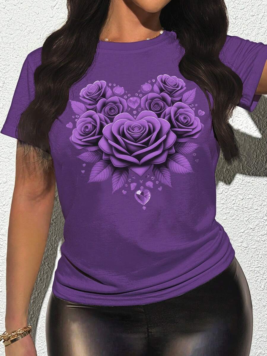 INAWLY Women's Fitted T-Shirt With Large Red Rose Print, Summer