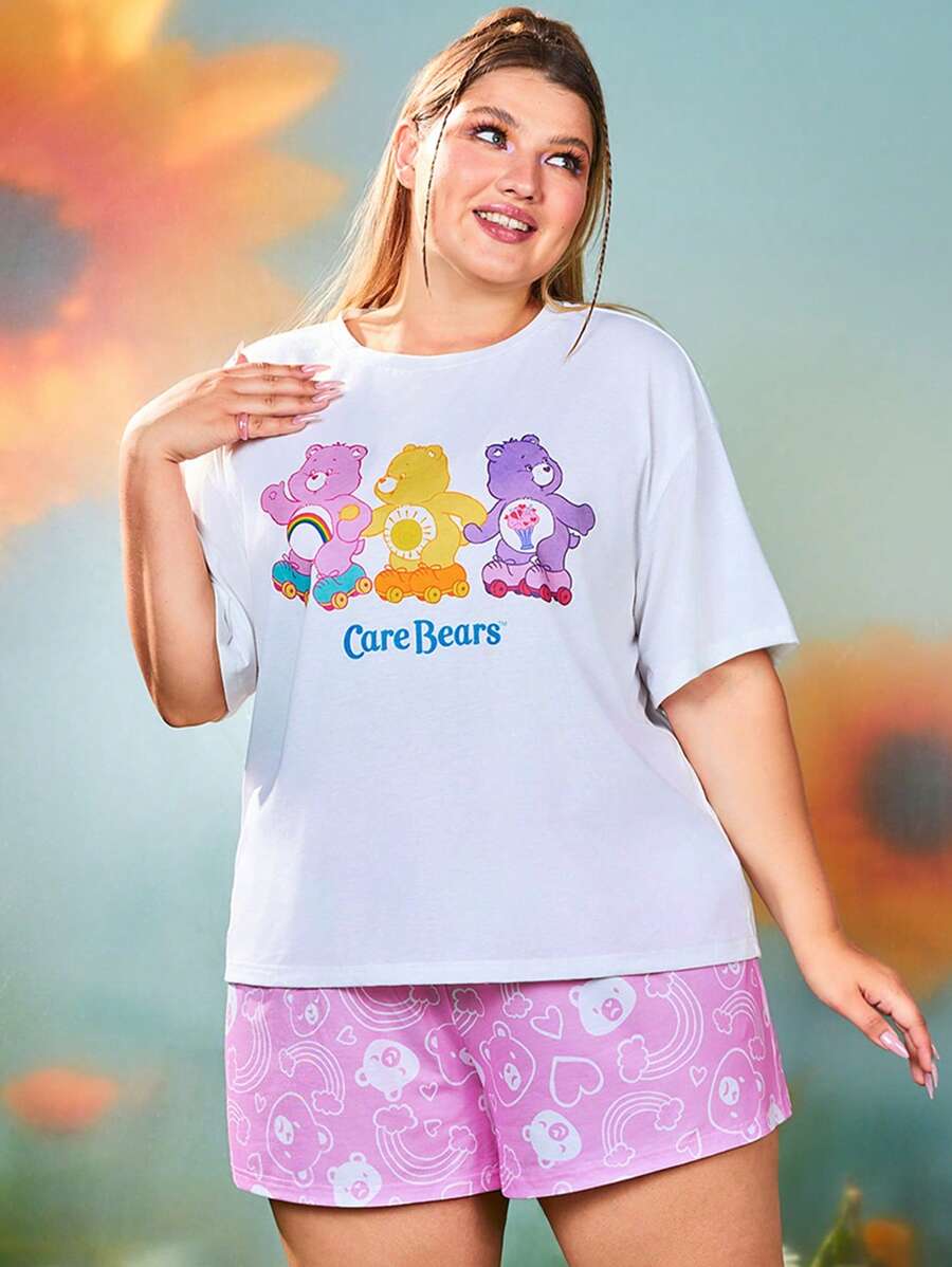 SHEIN X Care Bears Conjunto de pijama con estampado de oso de dibujos animados para tallas grandes