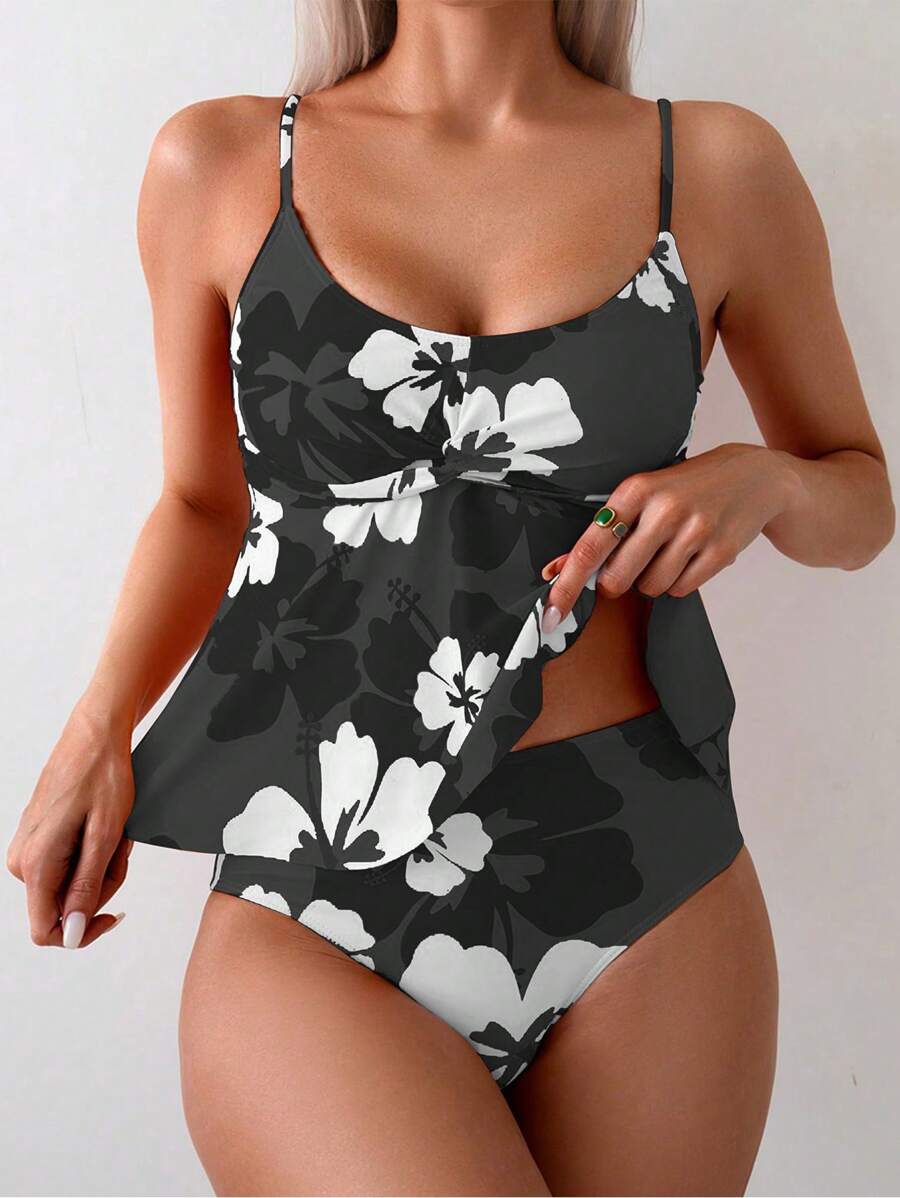 Swim Lushoire Women Floral Print Casual Spaghetti Strap Bralette Tankini Swimwear Set - Random Print