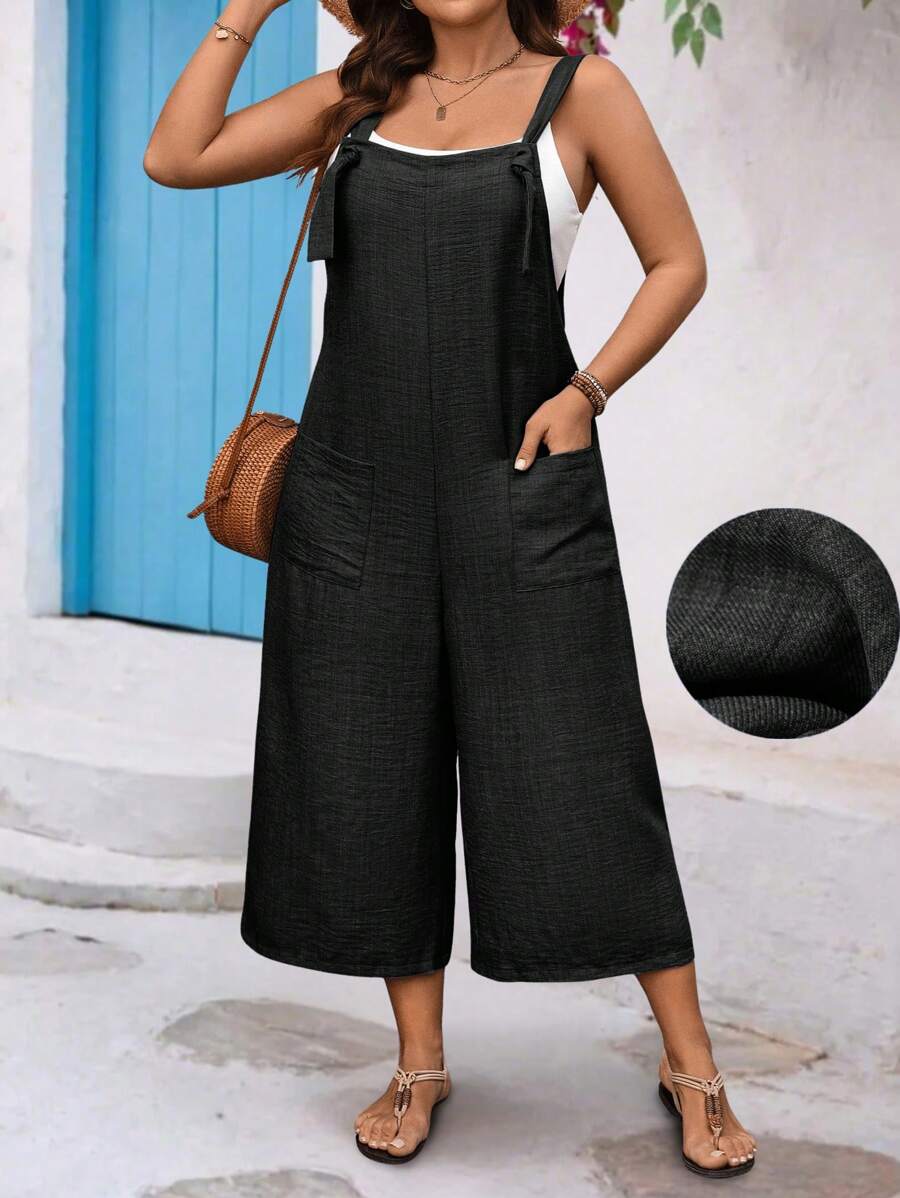 EMERY ROSE Plus Size Drawstring Pocket Decor Straight Leg Jumpsuit