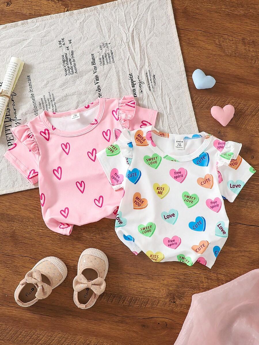 2pcs Baby Girl Spring/Summer Knitted Heart Decorated Cap Sleeve Top, Comfortable, High-Quality Fabric, Stylish, All-Match Casual Wear For Spring/Summer