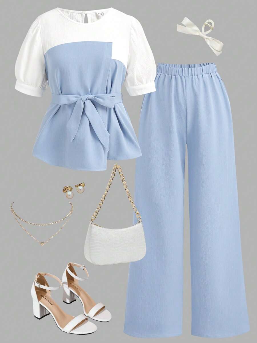 SHEIN Girlism Teen Girls Blue And White Waist Ruffled Short-Sleeved Shirt & Long Casual Wide-Leg Pants, Elegant Commuting Retro Elegant Versatile Suit, Suitable For Daily Wear